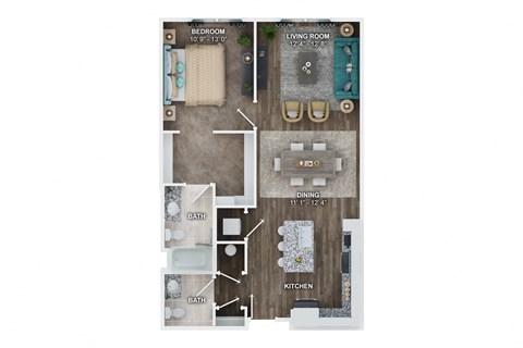 Floor plan for 1 bed, 1.5 baths, 883 sqft